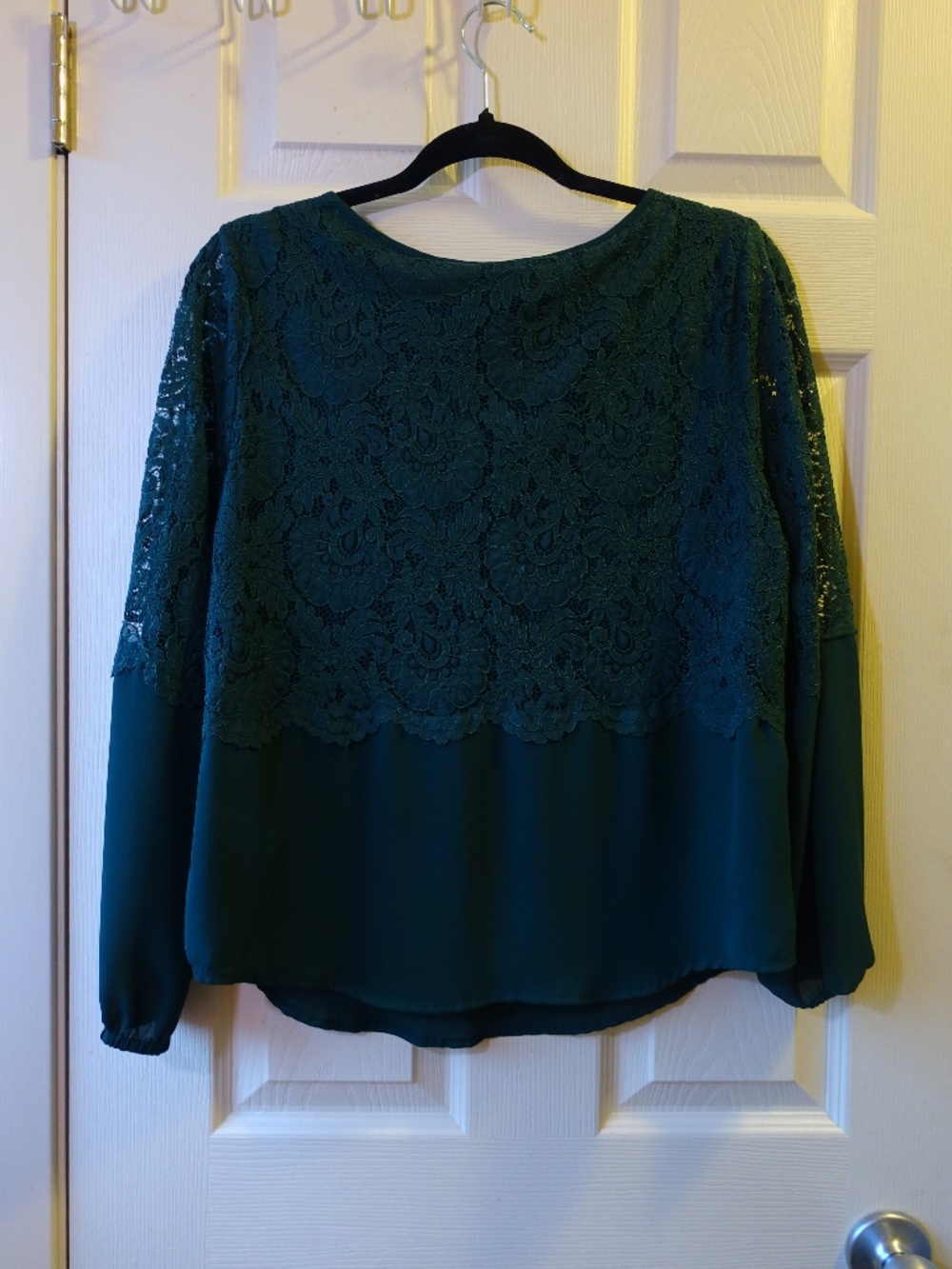 cleo Dark Green Lace Overlay Long Sleeve Blouse